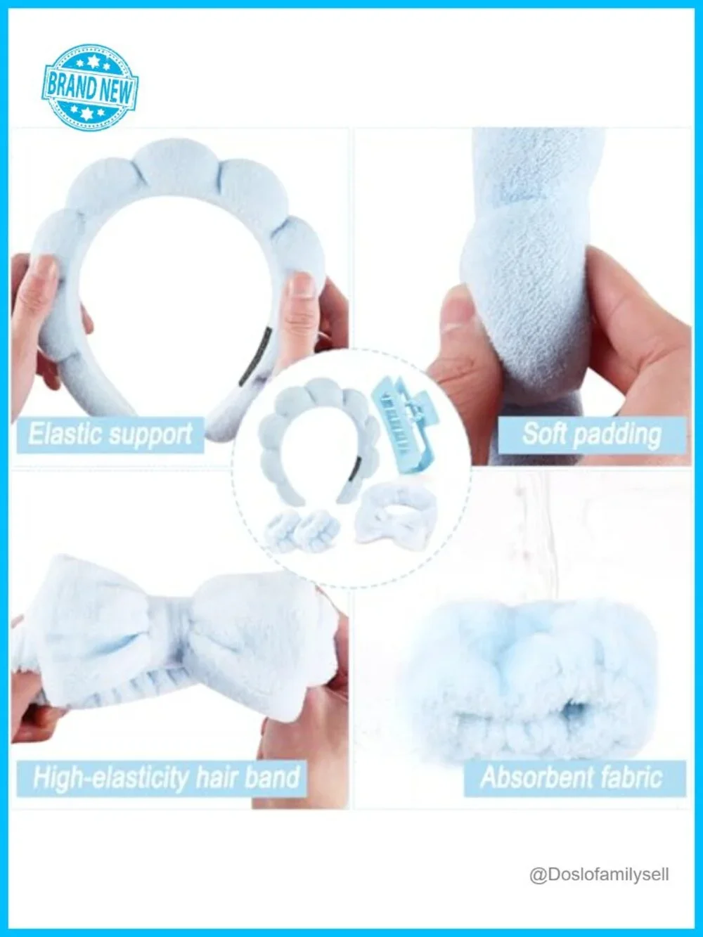5-Pack Spa Headband with Wristbands & Claw Clips Terry Cloth Non-Slip